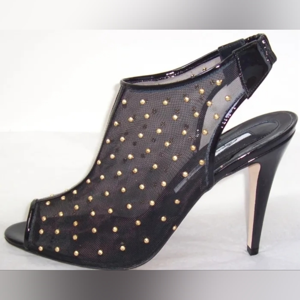 BRIAN ATWOOD Black Mesh Gold Stud Peep Toe Slingback Sandal Shoes Size 38.5